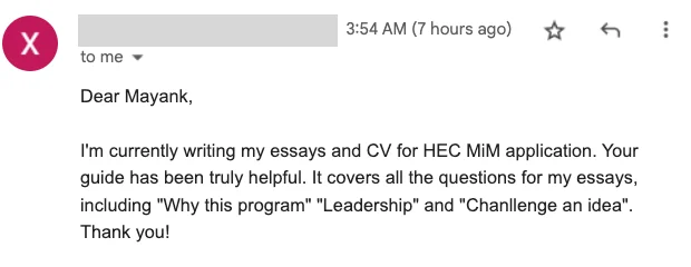 Reader writing essays and CV for their HEC MiM application: the guide has been truly helpful and covers all the questions