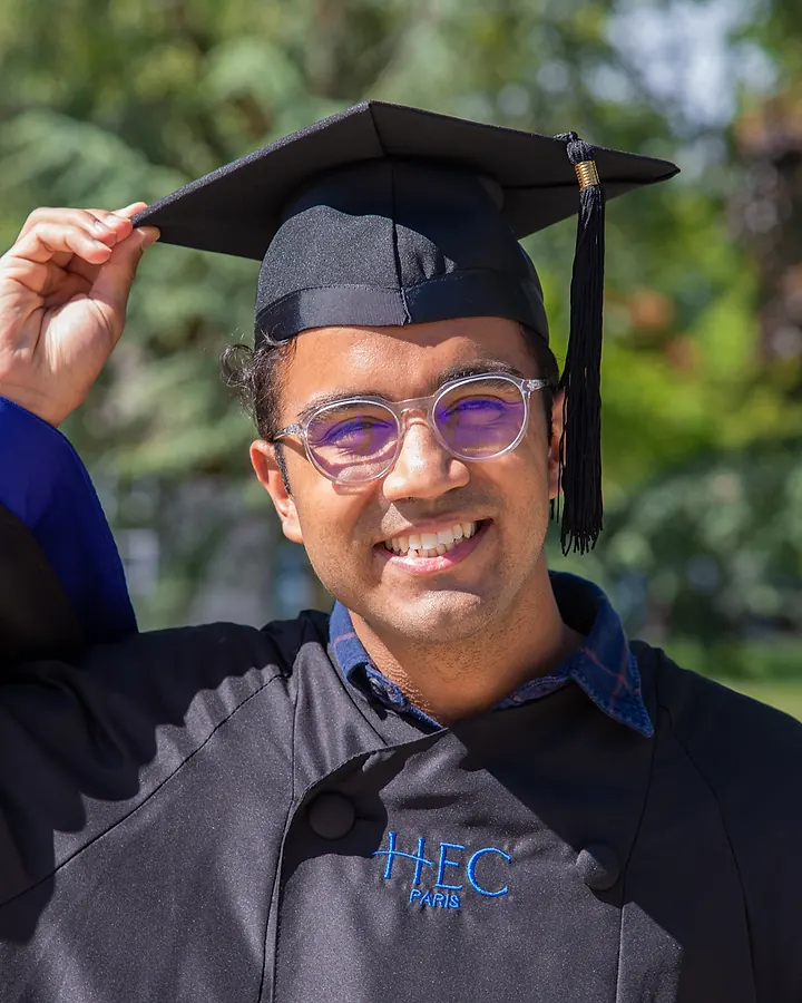 Mayank Sehgal in HEC Paris cap and gown at his 2021 graduation